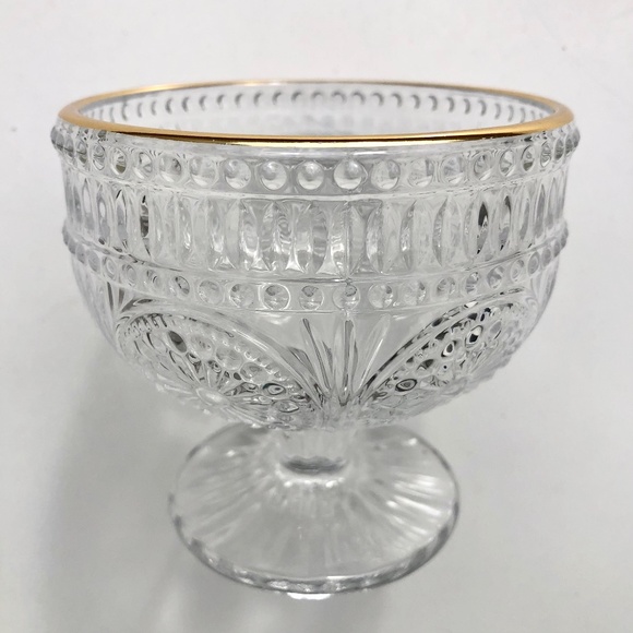 Clear Glass Footed Dessert Bowl Flower Embossed Trifle Ice Cream Bowl gold rim - Picture 2 of 9